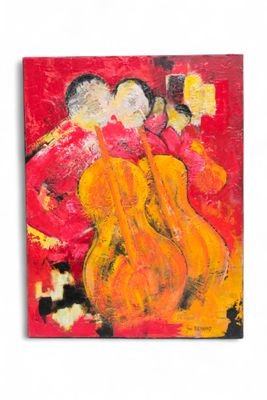 un tableau représentant une femme en robe rouge tenant une guitare