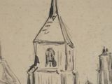 drawing of a church steeple with a steeple on top of it
