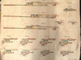 a sheet of paper with a drawing of different types of guns