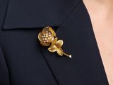 a close up of a person wearing a suit and a flower brooch