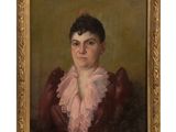 un tableau représentant une femme en robe rouge avec un col rose