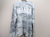 a grey camo sweatshirt with the word mania on it