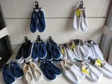 many pairs of shoes that are on display in a store