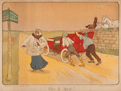 an old picture of a man and a woman in a car