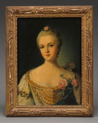 un tableau représentant une femme en robe avec un oiseau sur l'épaule