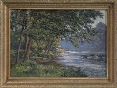 tableau représentant une scène fluviale avec des arbres et un bateau sur l'eau