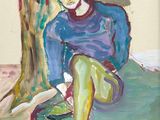 a painting of a man sitting under a tree