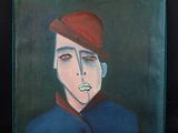 tableau représentant un homme portant un chapeau rouge et une veste bleue