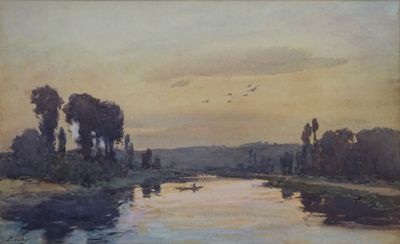 un tableau représentant une rivière sur laquelle flotte un bateau