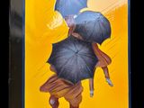 une affiche représentant une femme avec un parapluie sous la pluie