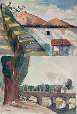 three pictures of a painting of a bridge and a building