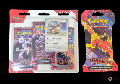 Deux paquets de cartes à collectionner Pokémon sont posés sur un fond noir.