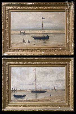 two paintings of boats on the water with people in the background