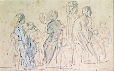 drawing of a group of people walking down a street in a line