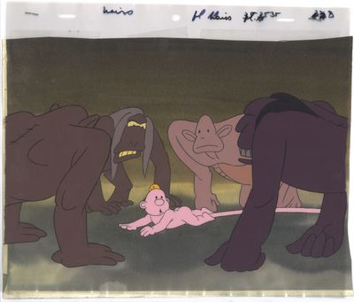 an image of a group of cartoon characters standing around a baby