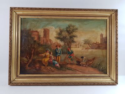 une peinture à l'huile représentant deux hommes et un chien au bord d'une rivière
