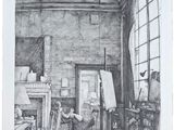 dessin au crayon représentant un homme assis sur une chaise dans un atelier de dessin