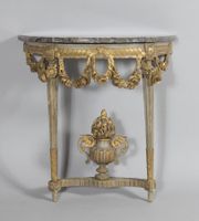 Petite console de forme demi-lune en bois laqué gris et doré…