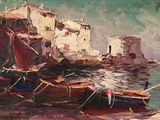 a painting of a painting of boats in the water