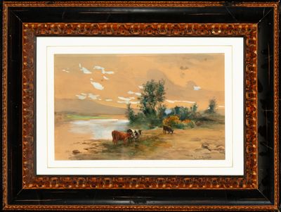 une peinture à l'huile représentant du bétail paissant dans un champ près d'un lac
