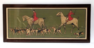 tableau représentant deux hommes à cheval, avec des chiens de chasse au premier plan