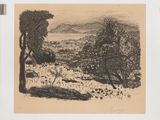 l'image d'un dessin d'un paysage avec des arbres au premier plan