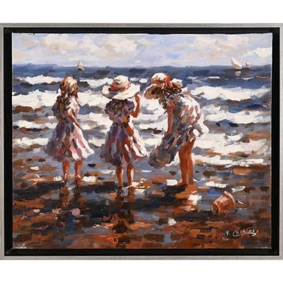 un tableau représentant trois enfants jouant sur la plage