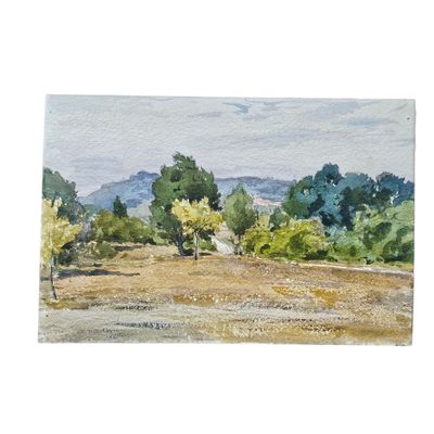 une aquarelle représentant un champ avec des arbres en arrière-plan