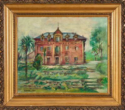 un tableau représentant un vieux bâtiment, dans un cadre doré