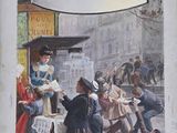 painting of a street scene with a man handing food to a woman