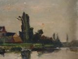 painting of a river scene with boats and a house in the distance