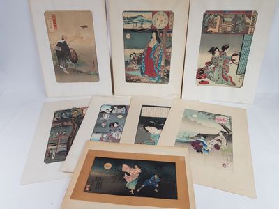 six estampes japonaises encadrées représentant des femmes en kimono d'époque