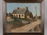 a painting of a house on a hill with a dirt road in front of it