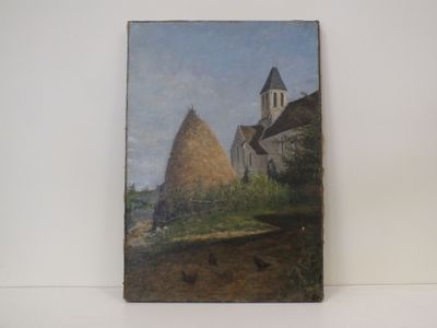 une photo d'un tableau représentant une église sur une colline