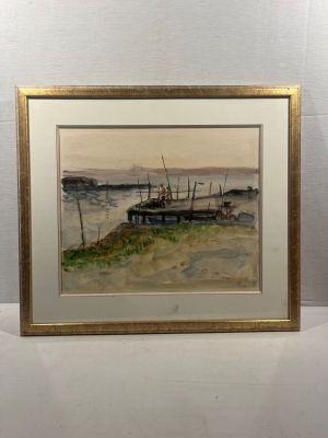 aquarelle encadrée représentant un bateau sur la plage