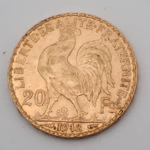 Pièce de monnaie en or à valeur faciale de vingt francs 1912. Fra...
