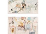 deux aquarelles représentant un salon avec un canapé et une table
