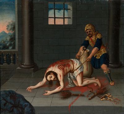 an image of a painting of a man laying on the ground next to a woman