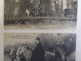 two black and white photos of people riding horses in the woods