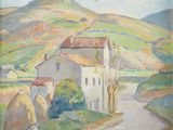 une image d'une peinture représentant une maison sur une colline