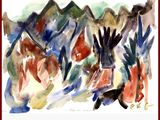 aquarelle abstraite représentant un groupe de personnes dans une région montagneuse