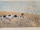 painting of two dogs running in a field with a bird in the background