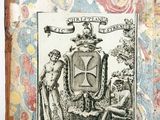 an old book with a drawing of a coat of arms on it