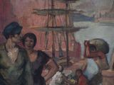 a painting of a group of people on a dock