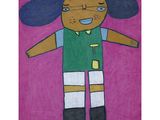 a painting of a girl with blue hair wearing a green shirt and black pants