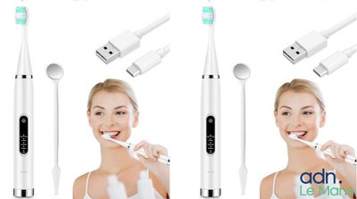 four different views of a woman brushing her teeth with an electric toothbrush