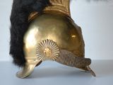 a gold helmet with a black fur on it
