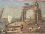 tableau représentant des personnes sur une plage près d'un plan d'eau