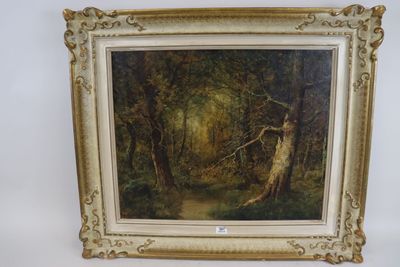 an oil painting of a wooded scene with a deer in the foreground