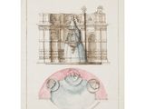 an image of a drawing of a woman standing in front of a building